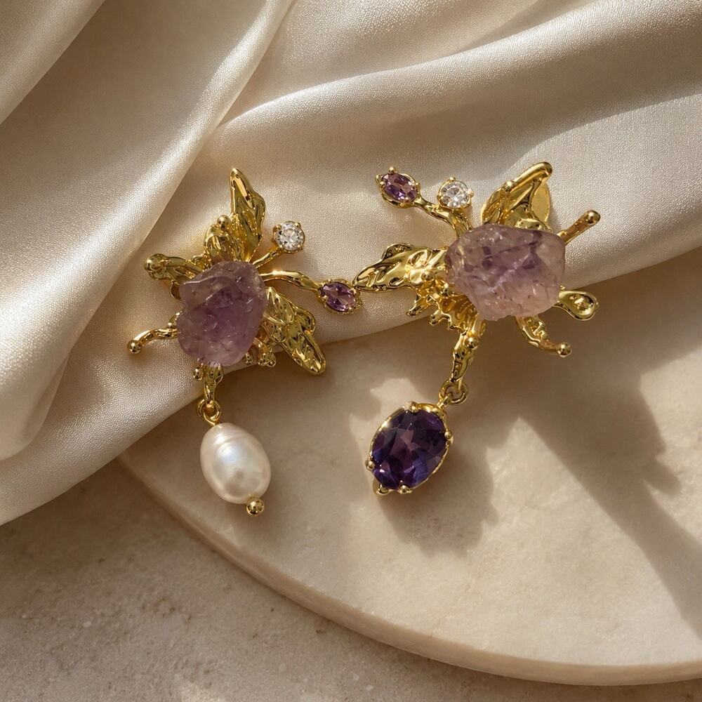 Butterfly Pearl Earrings Amethyst Museum Mismatch Gold Floral Boho Cottagecore